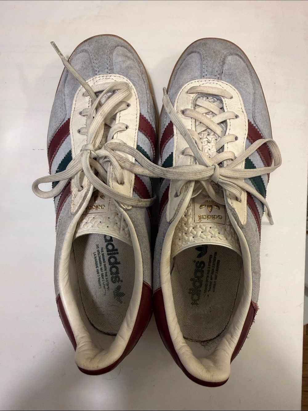 Adidas Gazelles Pale Blue with Maroon and Green Stripes